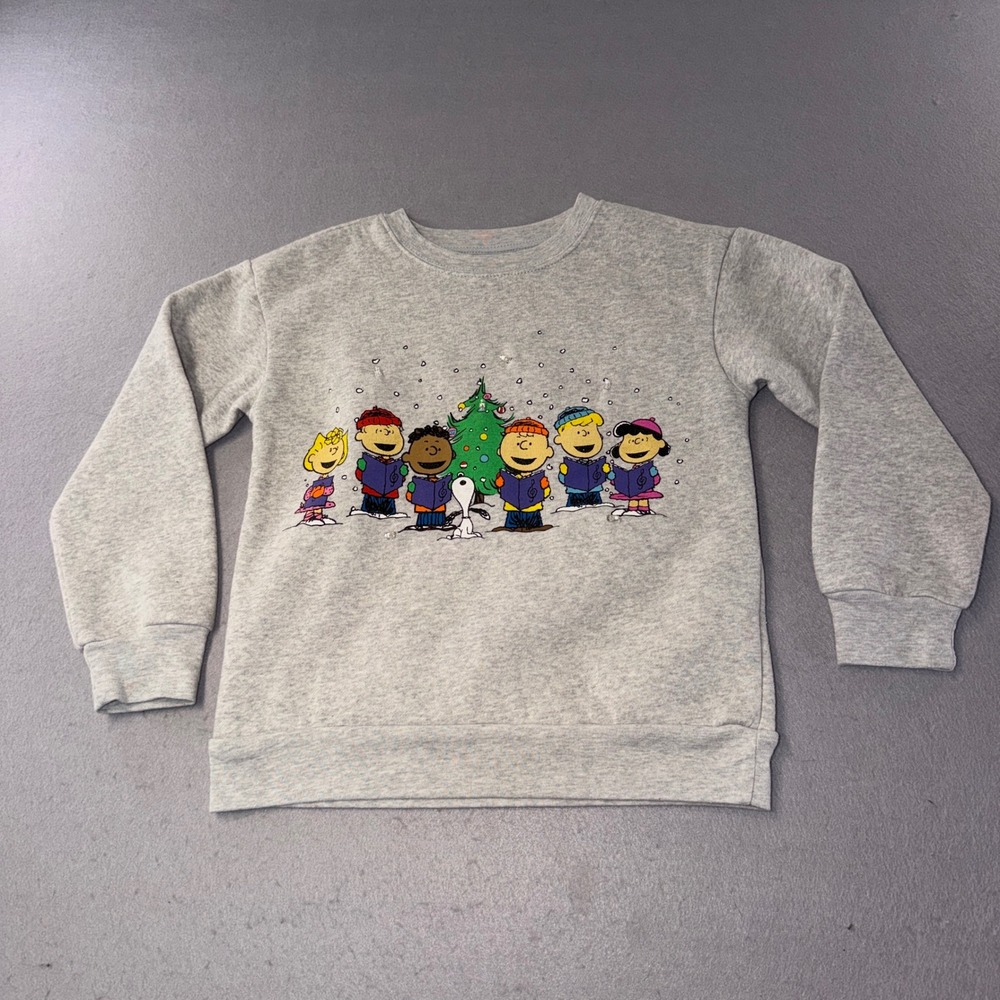 Peanuts Christmas Sweatshirt Kids 8 Grey Light Up Caroling Snoopy Holiday